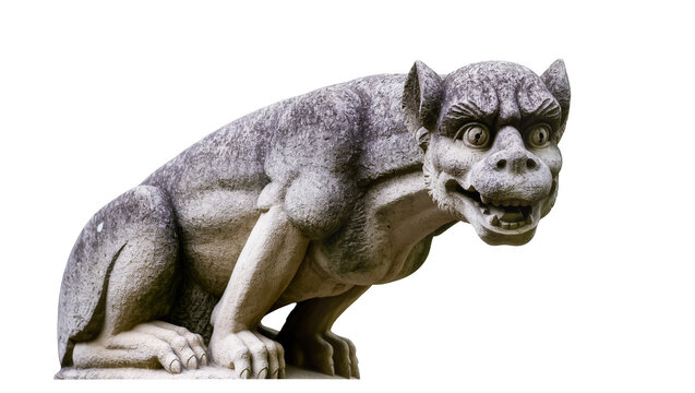 Stone gargoyle sculpture with detailed face, isolated on transparent background