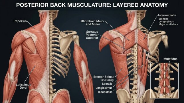 Detailed Illustration of Posterior Back Musculature Showing Layered Anatomy of Human Muscles in a Clinical Educational Setting