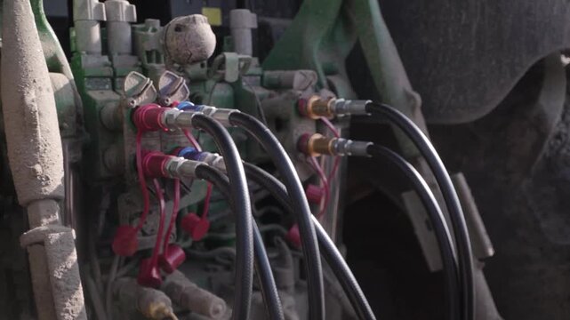 Farmer Connecting Grader Hydraulics to Tractor. Close view of farmer connecting hydraulic lines from grader to tractor