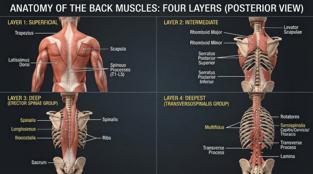 Detailed View of Human Back Muscle Anatomy With Four Layers Shown in a Diagram From a Posterior Perspective