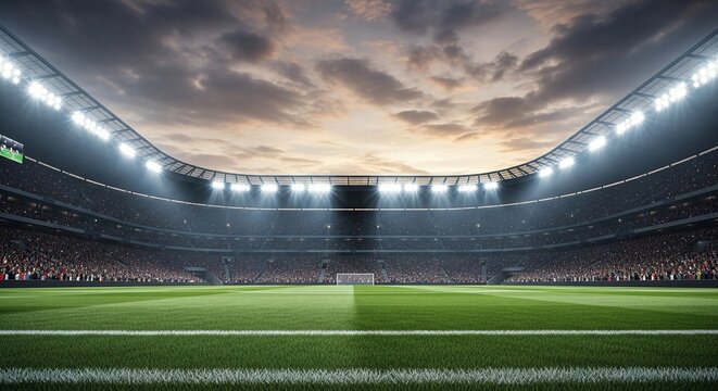 A grand perspective from the center of a lush green football pitch looking out toward the massive crowd filled stands under a dramatic sunset sky with bright stadium lights glowing