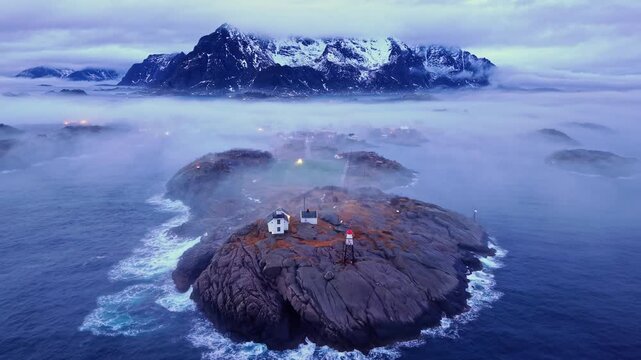 Landscape view of Henningsvaer village in Lofoten Norway with mountain in backgreoun.