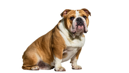 Fototapeta premium Brown and white bulldog sitting, isolated on transparent background