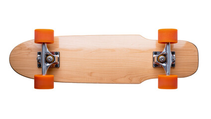 Wooden skateboard with orange wheels and metal trucks, isolated on transparent background © Roxana