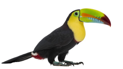 Fototapeta premium Keel-billed toucan with vibrant green orange and blue beak, isolated on transparent background