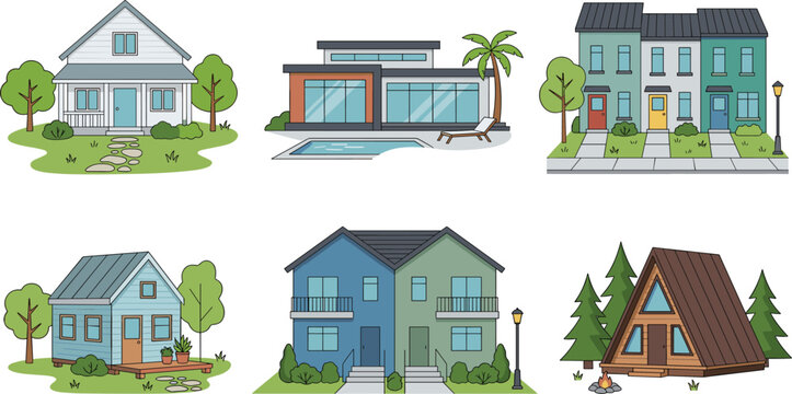 Modern house vector illustration set featuring luxury villa suburban homes a-frame cabin and residential architecture designs.