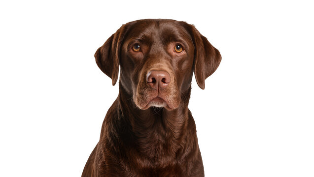 Brown chocolate labrador retriever dog looking forward, isolated on transparent background