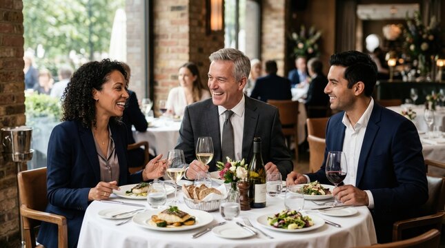 Group of diverse business people having lunch together in high end restaurant