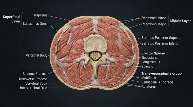 Detailed Illustration Showing Human Spinal Anatomy With Labeled Muscles and Vertebrae in a Clear View for Educational Use