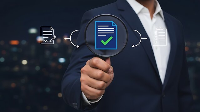 Business professional reviewing and approving digital documents with magnifying glass interface, representing document verification, approval workflow, DMS system, compliance audit