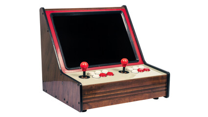 Retro arcade cabinet with joysticks and buttons, isolated on transparent background © Roxana