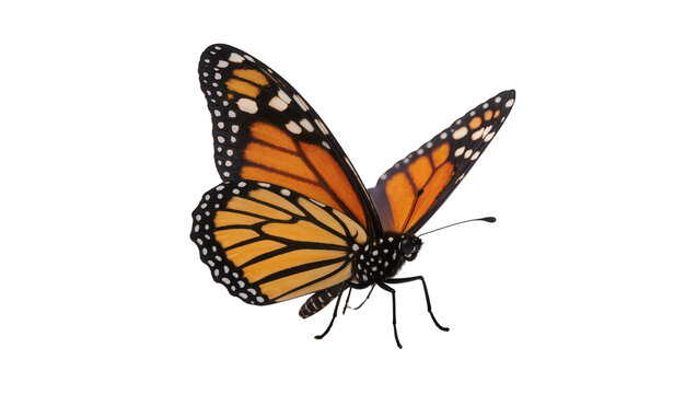 Monarch butterfly with orange and black wings, isolated on transparent background