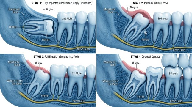 Detailed Stages of Wisdom Tooth Eruption in Human Jaw Showing Interactions With Surrounding Teeth and Gum Areas