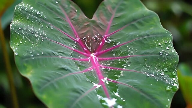 Closeup of a vibrant green elephant ear plant leaf with water droplets.