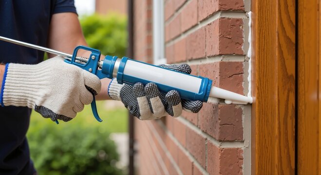 Close-up of a worker's hands in protective gloves using a caulking gun to apply white sealant. Fixing the gap between a red brick wall and a wooden frame. Home improvement and exterior maintenance