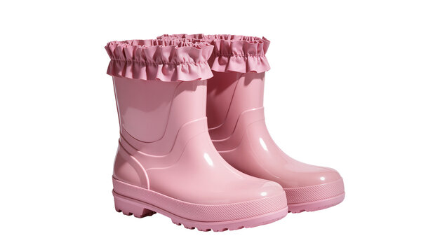 Pair of pink rubber rain boots with ruffled tops, isolated on transparent background