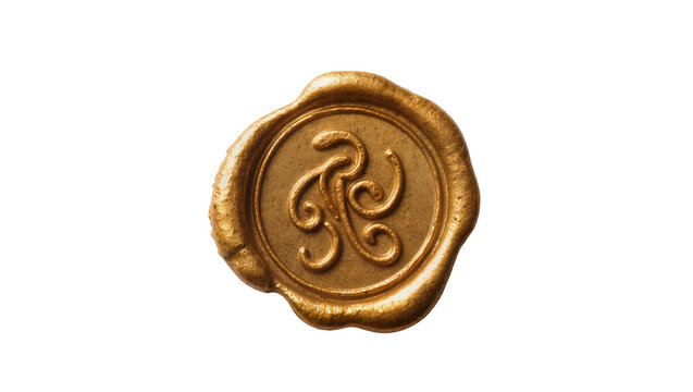 Golden wax seal with ornate swirling emblem, isolated on transparent background