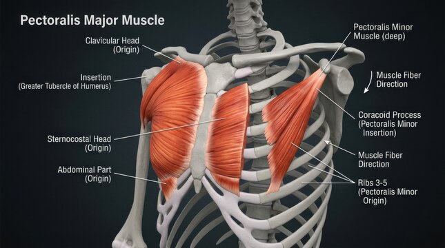 Detailed Anatomical Illustration of the Pectoralis Major Muscle and Its Connections in the Human Body Showing Various Origins and Insertions in the Chest Area