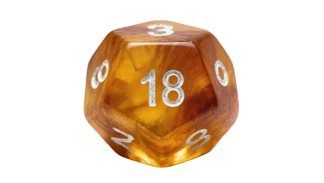 Amber marbled twenty-sided die with silver numbers, isolated on transparent background