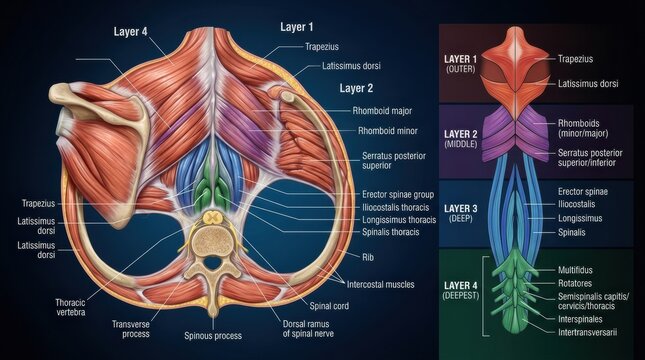 Detailed Anatomical Illustration Showing Layers of Muscles Surrounding the Human Spine, Including Specific Muscle Names and Functions for Educational Purposes