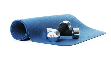 Dumbbells and fitness mat isolated on white