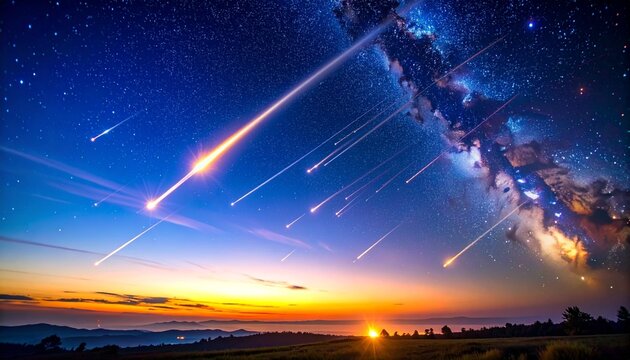 eta aquarid meteor shower with long trails over twilight landscape