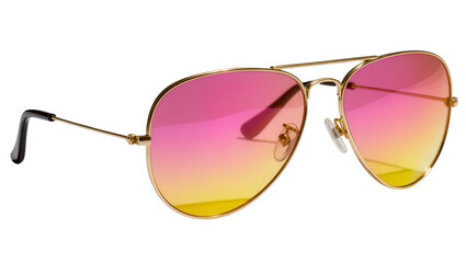 Gold aviator sunglasses with pink to yellow gradient lenses, isolated on transparent background © Roxana