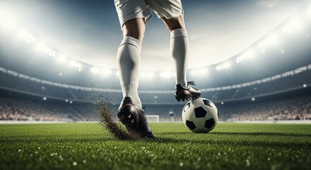 Fototapeta premium A professional soccer player wearing white socks and dark cleats prepares to kick a traditional black and white ball on the lush green grass field inside a crowded stadium arena