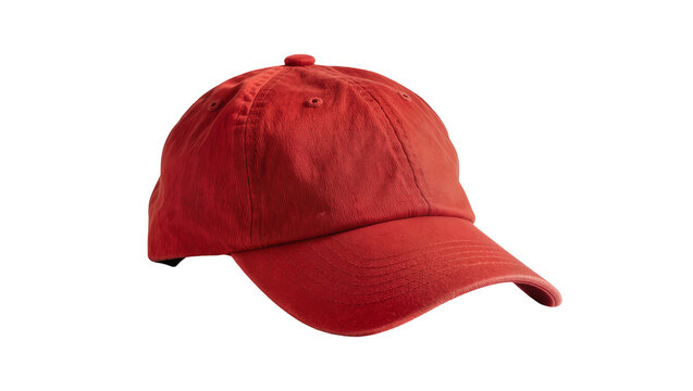 Red cotton baseball cap with curved brim, isolated on transparent background