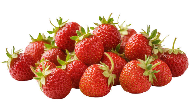 Pile of ripe red strawberries with green leafy tops, isolated on transparent background