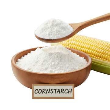 Wooden bowl and spoon with white cornstarch powder isolated on a transparent background