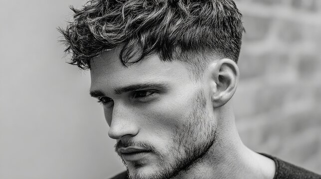 A close-up black and white portrait of a young man with a stylish haircut and stubble