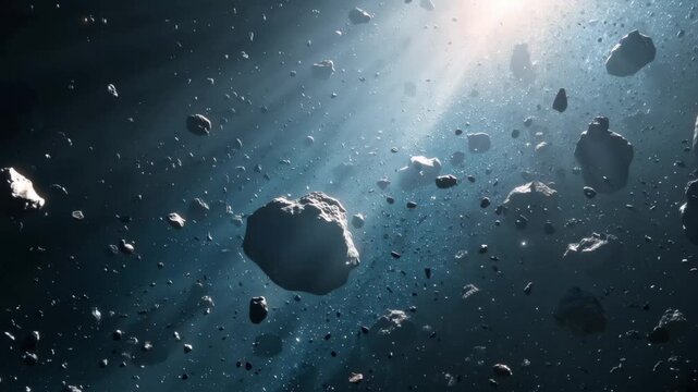 Exploring a vast asteroid field with rocks floating in space and light shining through in a dark environment