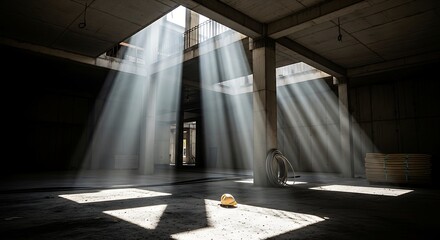 Obraz premium Sunbeams illuminate unfinished concrete building interior with construction materials