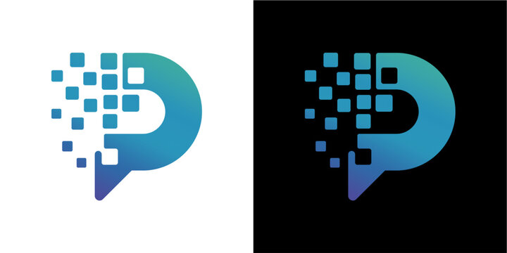 A modern and creative logo design featuring the letter p with a digital pixelated disintegration effect, showcasing a smooth blue to purple gradient on both white and black backgrounds