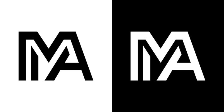 A sleek and modern abstract logo design featuring the intertwined letters 'm' and 'a', presented in both black on white and white on black variations. this versatile monogram is suitable for various