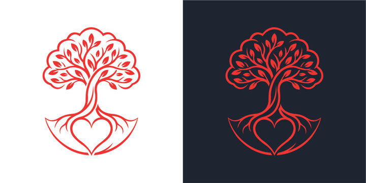A conceptual red tree illustration combining nature and love. the roots form a heart shape at the base, symbolizing growth and connection. includes light and dark background variations