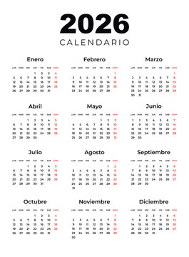 Simple 2026 calendar template for new year event in spanish