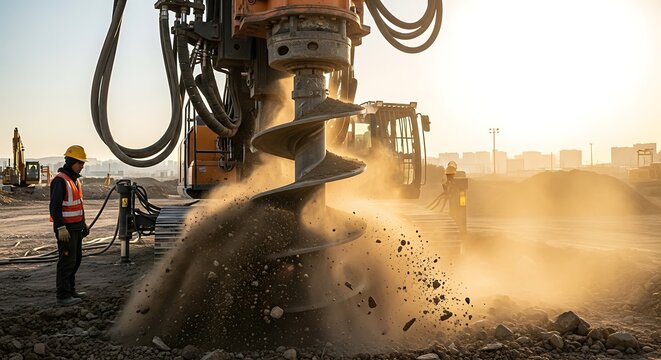 Construction worker oversees large drilling rig excavating soil at dusty worksite