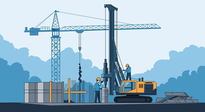 Construction Site Illustration Showcasing Crane, Machinery, and Workers in Progress
