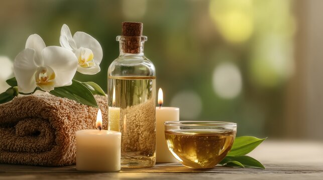 Spa composition with orchid, massage oil bottle, candles and herbal tea on wooden table