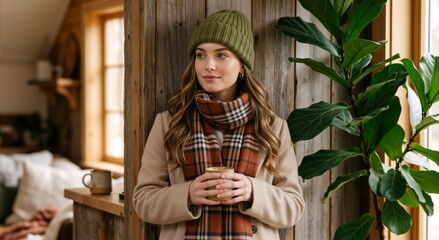 Fototapeta premium Young woman in winter coat and beanie holding a mug in a rustic cabin. Cozy lifestyle portrait with plaid scarf and indoor plant. Thoughtful female drinking coffee by a window
