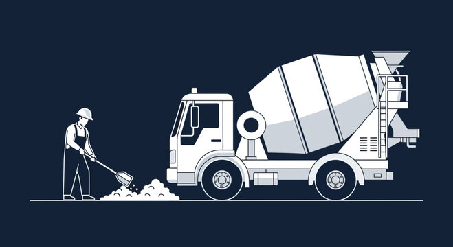 Construction Worker Shoveling Material Beside A Concrete Mixer Truck Monochrome Design