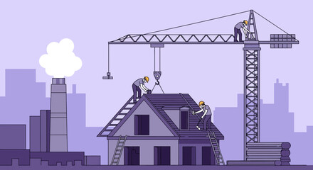 Obraz premium Construction Workers Erecting New Residential Structure Using Machinery For Home Building Process
