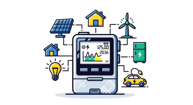 Digital smart meter measuring energy consumption for home appliances and renewable power sources in flat vector illustration