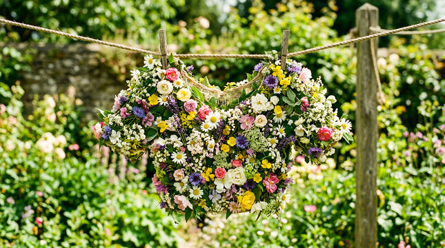 Heart-shaped floral arrangement hanging outdoors, symbolizing love, celebration, and nature with vibrant colors and soft sunlight.