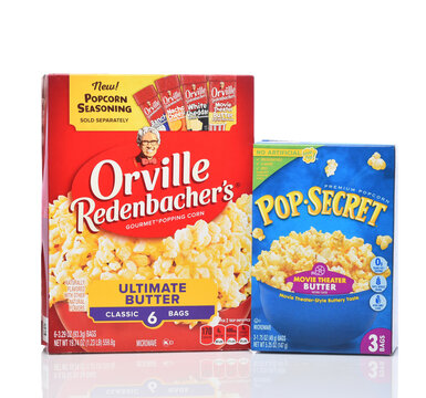 IRVINE, CALIFORNIA - 16 APR 2026: Two boxes of Microwave popcorn one each from Orville Redenbacher and Pop Secret.
