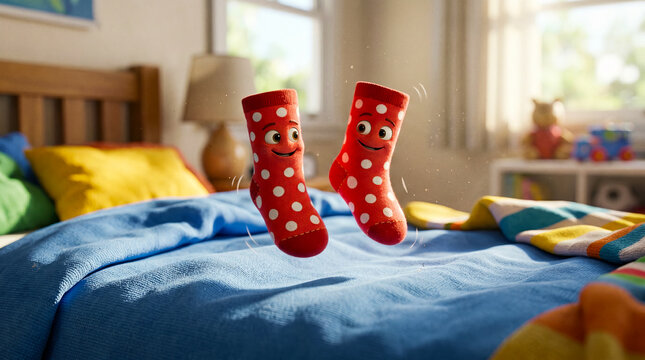Playful scene of floating red socks above a bed in a cozy bedroom, creating a whimsical and imaginative mood.