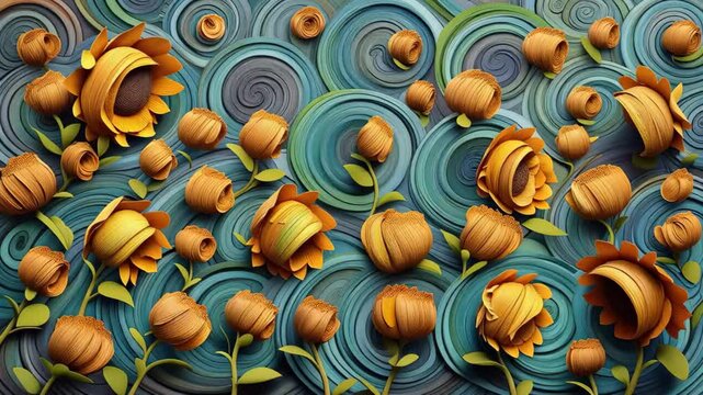 Bright yellow flowers fill the canvas with texture and color, showcasing a beautiful arrangement inspired by nature and art