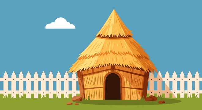 Cartoon straw hut illustration with fence and green grass against a blue sky
